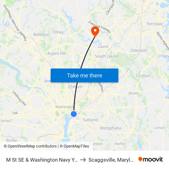 M St SE & Washington Navy Yard to Scaggsville, Maryland map