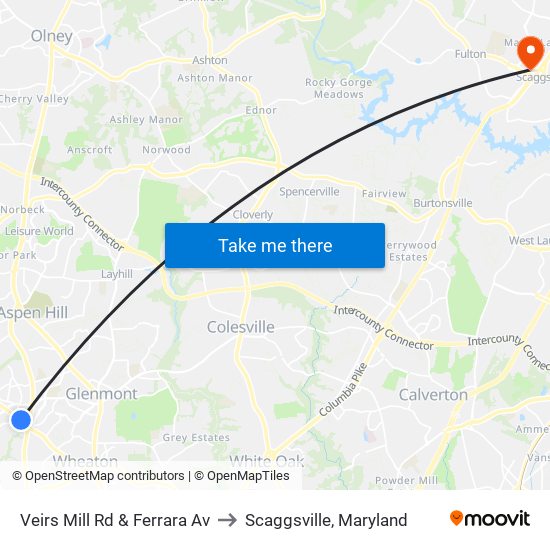 Veirs Mill Rd & Ferrara Av to Scaggsville, Maryland map