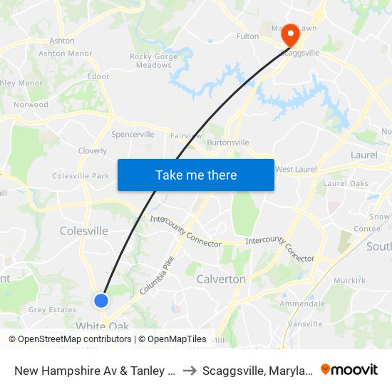 New Hampshire Av & Tanley Rd to Scaggsville, Maryland map