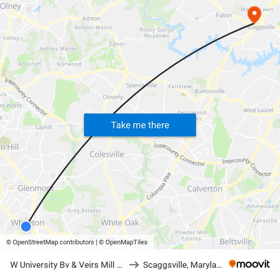 W University Bv & Veirs Mill Rd to Scaggsville, Maryland map