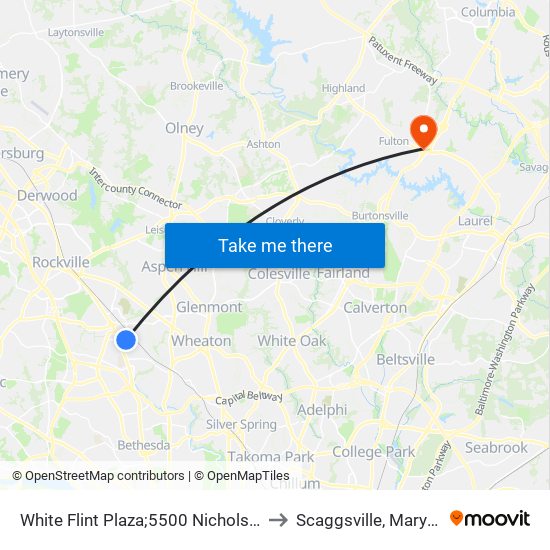 White Flint Plaza;5500 Nicholson La to Scaggsville, Maryland map