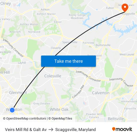 Veirs Mill Rd & Galt Av to Scaggsville, Maryland map