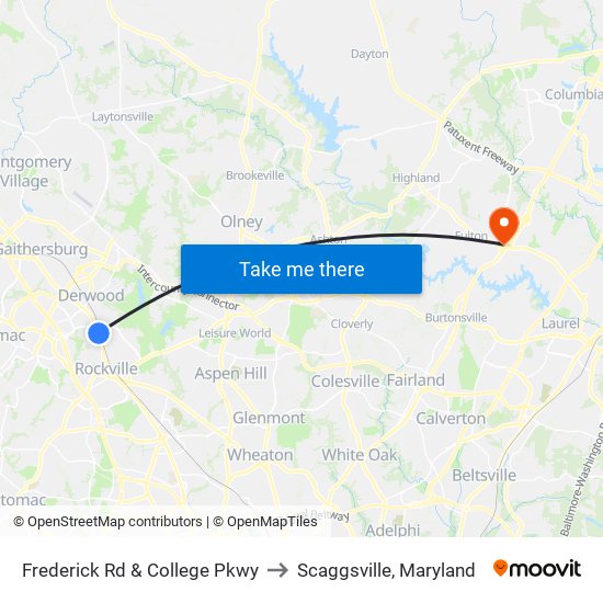 Frederick  Rd & College  Pkwy to Scaggsville, Maryland map