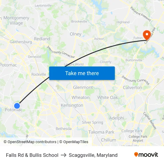 Falls Rd & Bullis School to Scaggsville, Maryland map