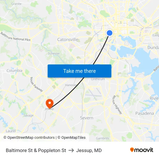 Baltimore St & Poppleton St to Jessup, MD map