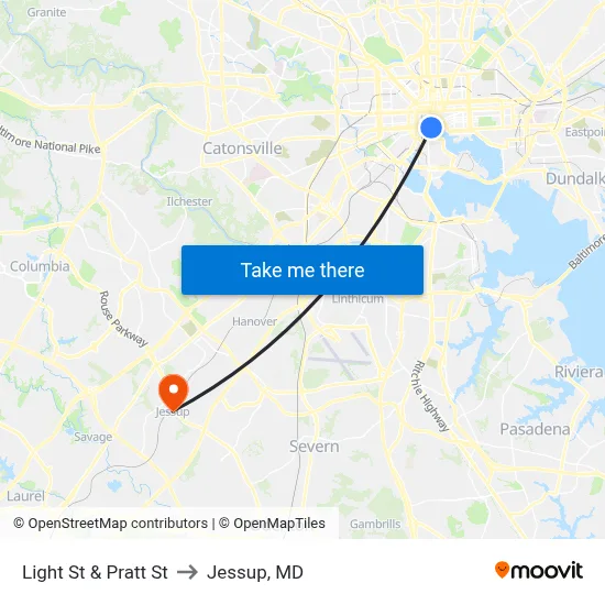 Light St & Pratt St to Jessup, MD map