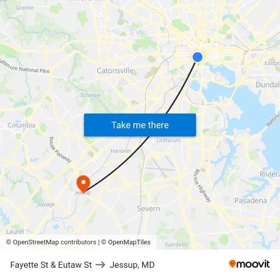 Fayette St & Eutaw St to Jessup, MD map