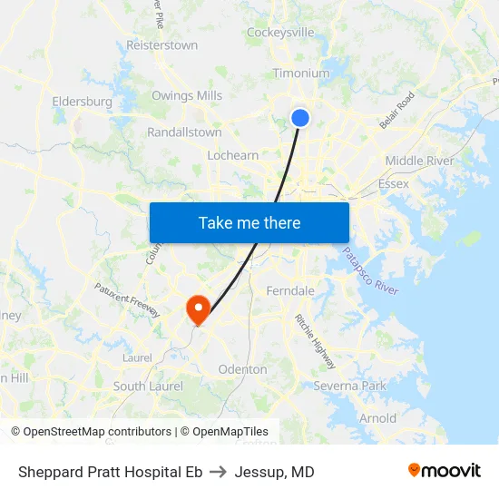 Sheppard Pratt Hospital Eb to Jessup, MD map