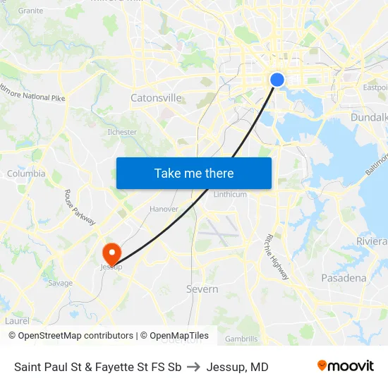 Saint Paul St & Fayette St FS Sb to Jessup, MD map