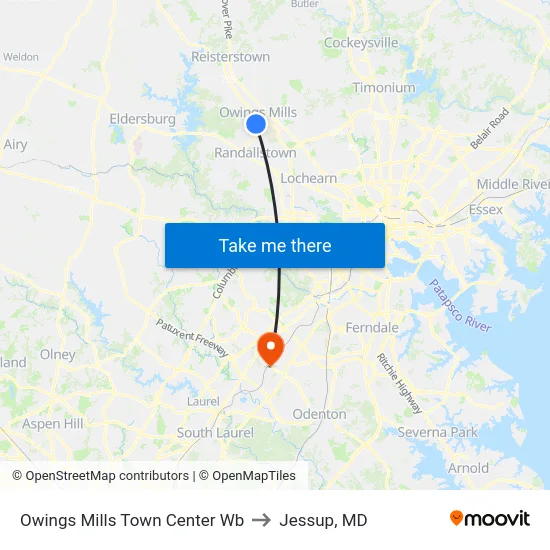 Owings Mills Town Center Wb to Jessup, MD map
