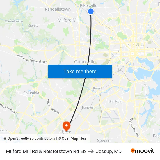 Milford Mill Rd & Reisterstown Rd Eb to Jessup, MD map