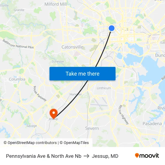 Pennsylvania Ave & North Ave Nb to Jessup, MD map