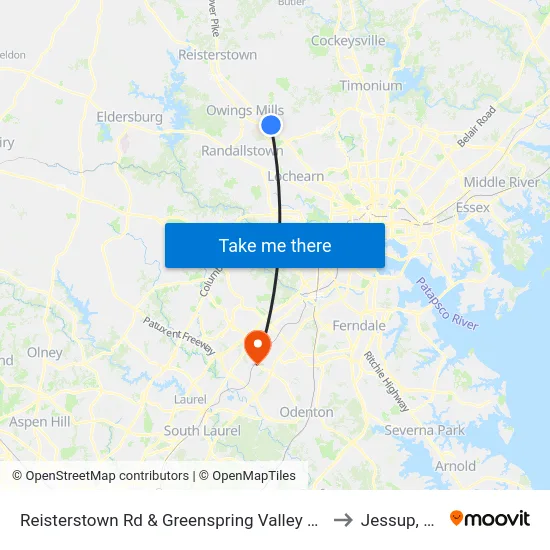 Reisterstown Rd & Greenspring Valley Rd Nb to Jessup, MD map