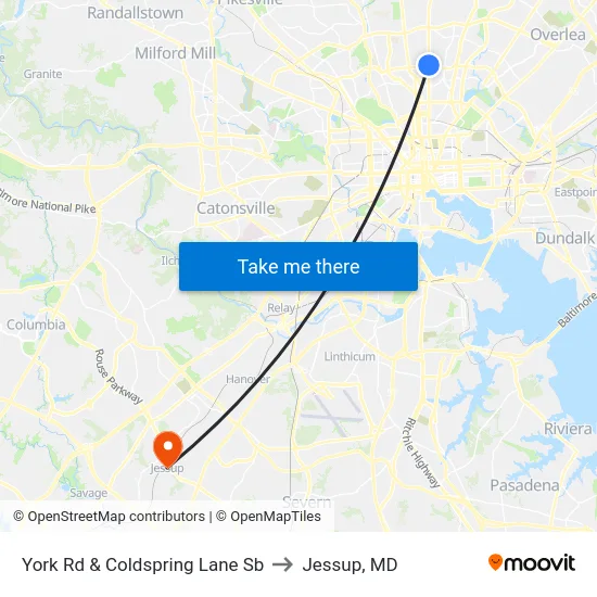 York Rd & Coldspring Lane Sb to Jessup, MD map