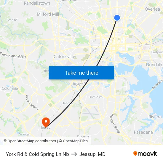 York Rd & Cold Spring Ln Nb to Jessup, MD map