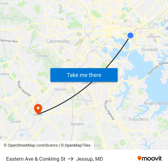 Eastern Ave & Conkling St to Jessup, MD map