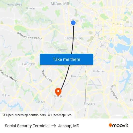 Social Security Terminial to Jessup, MD map