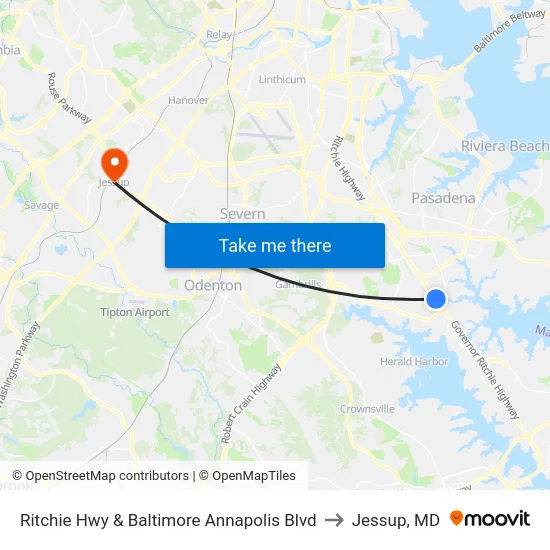 Ritchie Hwy & Baltimore Annapolis Blvd to Jessup, MD map