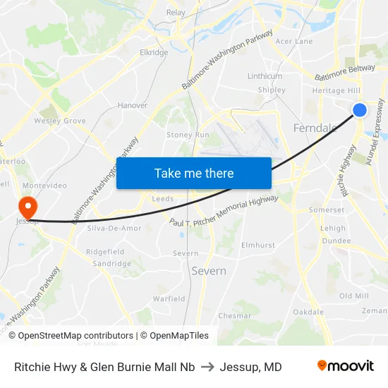 Ritchie Hwy & Glen Burnie Mall Nb to Jessup, MD map