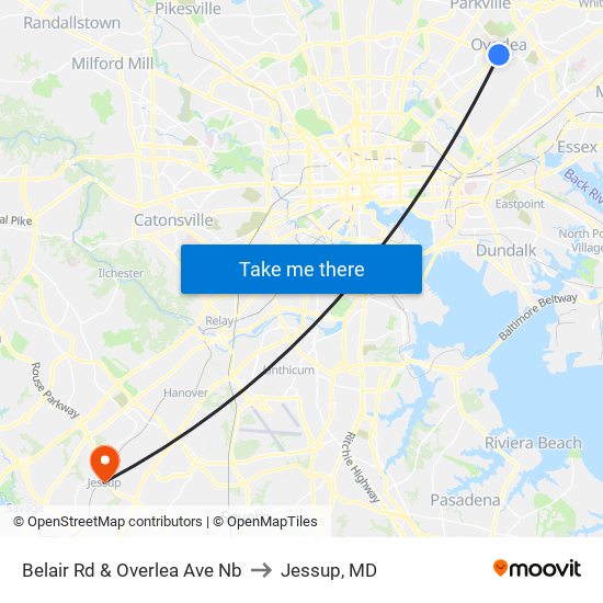 Belair Rd & Overlea Ave Nb to Jessup, MD map