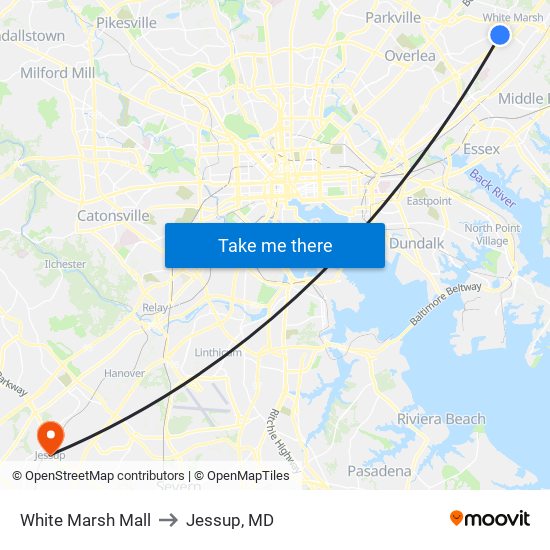 White Marsh Mall to Jessup, MD map