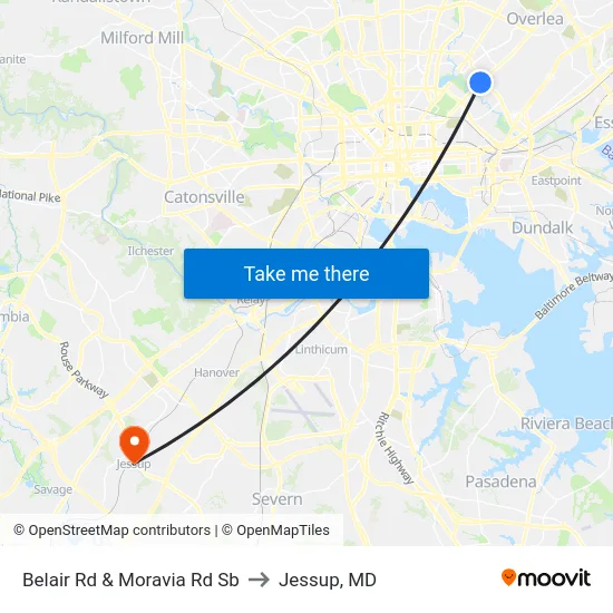 Belair Rd & Moravia Rd Sb to Jessup, MD map