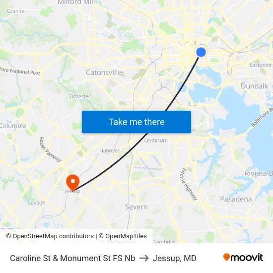 Caroline St & Monument St FS Nb to Jessup, MD map