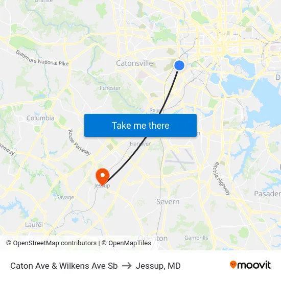 Caton Ave & Wilkens Ave Sb to Jessup, MD map
