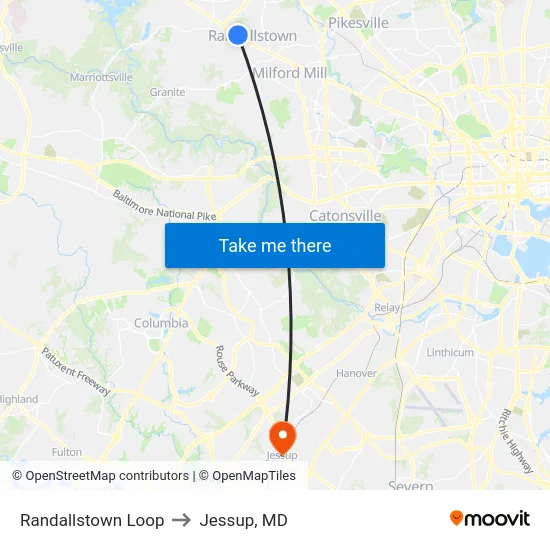 Randallstown Loop to Jessup, MD map