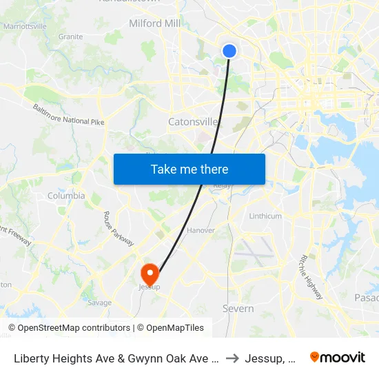 Liberty Heights Ave & Gwynn Oak Ave FS to Jessup, MD map