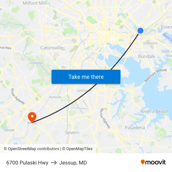6700 Pulaski Hwy to Jessup, MD map