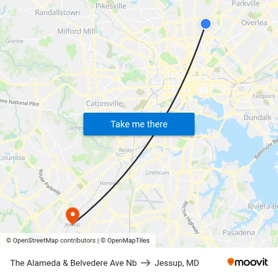 The Alameda & Belvedere Ave Nb to Jessup, MD map