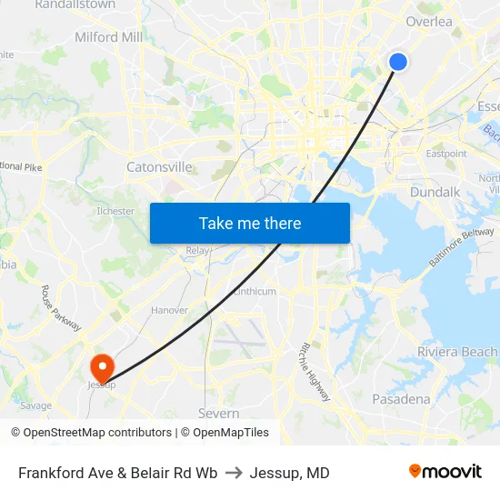Frankford Ave & Belair Rd Wb to Jessup, MD map