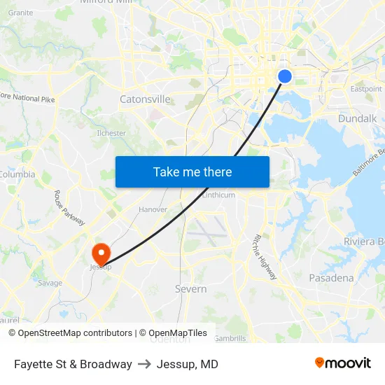 Fayette St & Broadway to Jessup, MD map