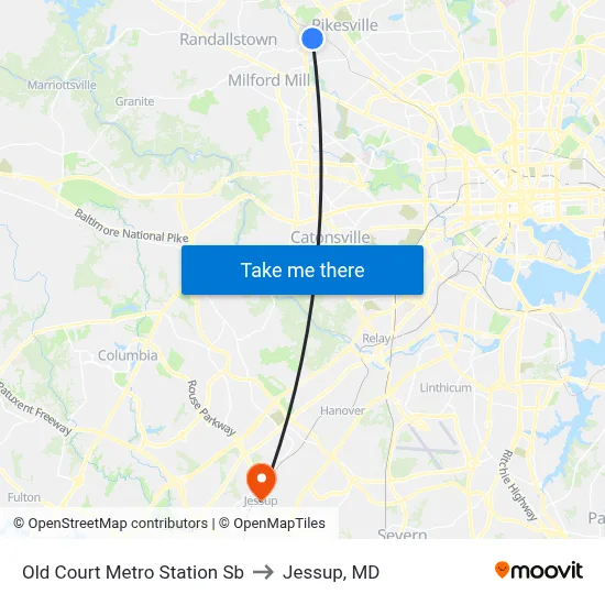 Old Court Metro Station Sb to Jessup, MD map