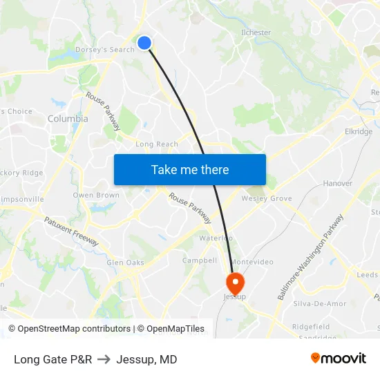 Long Gate P&R to Jessup, MD map