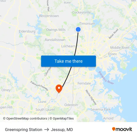 Greenspring Station to Jessup, MD map