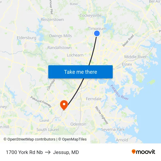 1700 York Rd Nb to Jessup, MD map