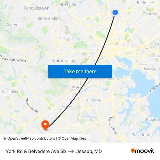 York Rd & Belvedere Ave Sb to Jessup, MD map