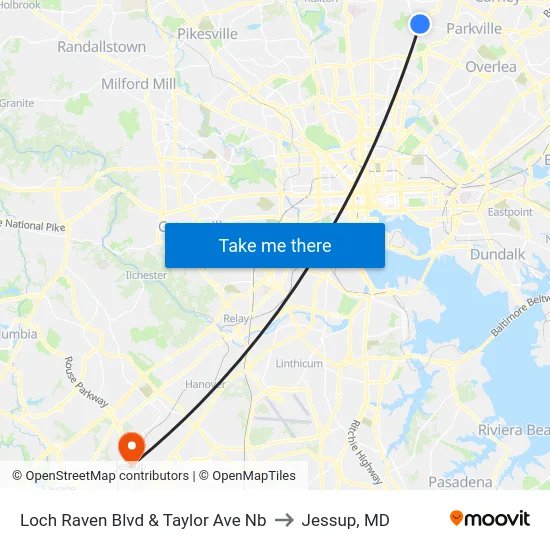 Loch Raven Blvd & Taylor Ave Nb to Jessup, MD map