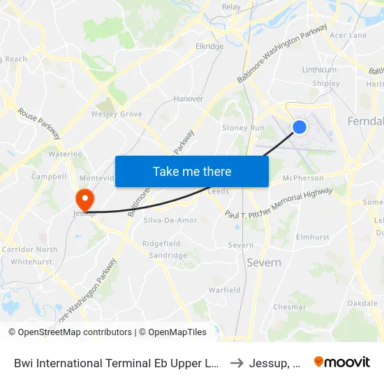 Bwi International Terminal Eb Upper Level to Jessup, MD map