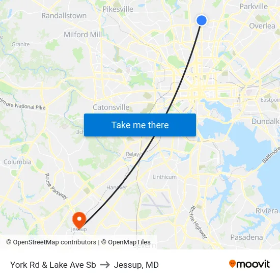 York Rd & Lake Ave Sb to Jessup, MD map