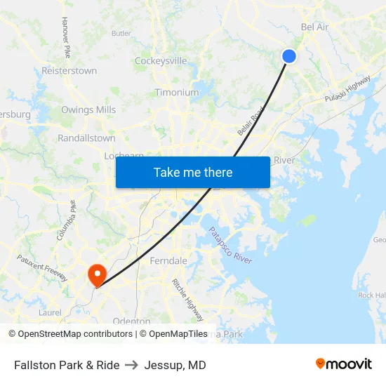 Fallston Park & Ride to Jessup, MD map
