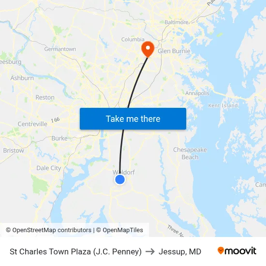 St Charles Town Plaza (J.C. Penney) to Jessup, MD map