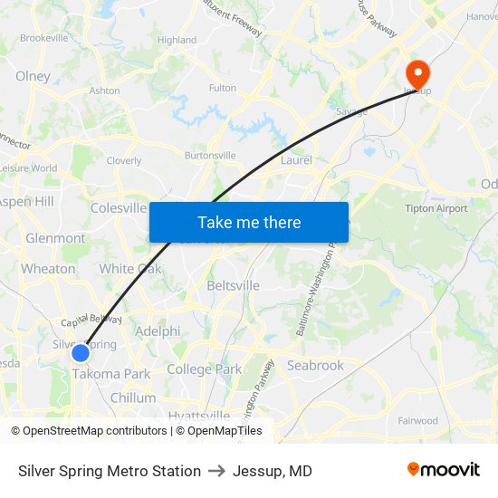 Silver Spring Metro Station to Jessup, MD map