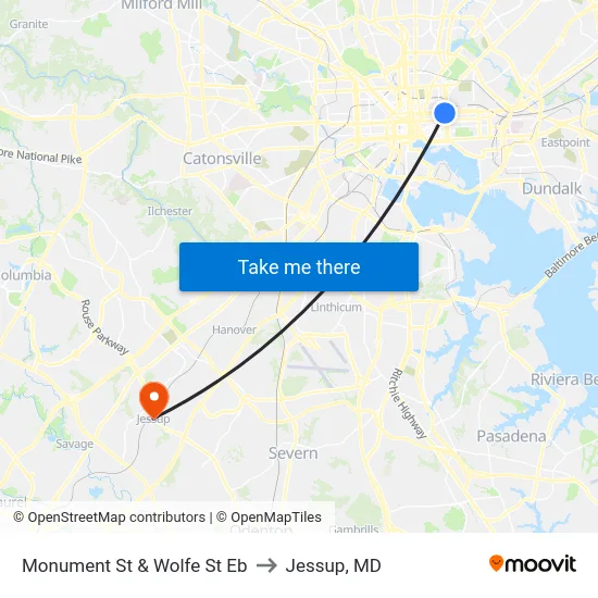 Monument St & Wolfe St Eb to Jessup, MD map