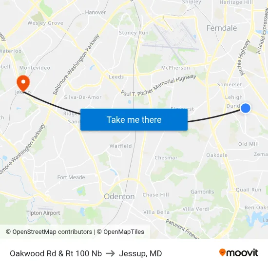Oakwood Rd & Rt 100 Nb to Jessup, MD map