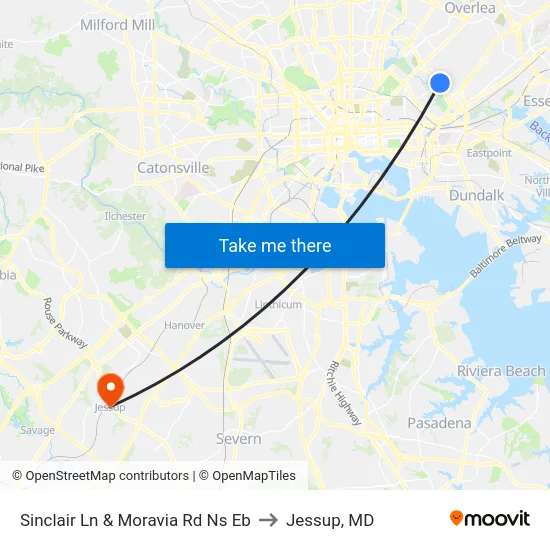 Sinclair Ln & Moravia Rd Ns Eb to Jessup, MD map