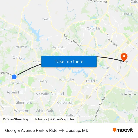 Georgia Avenue Park & Ride to Jessup, MD map