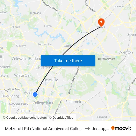 Metzerott Rd (National Archives at College Park) Wb to Jessup, MD map
